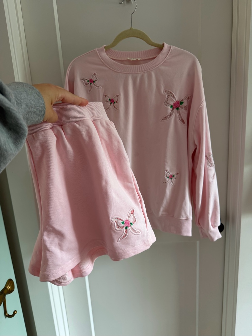 Pink Embroidered Bow Sweatshirt & Short Set